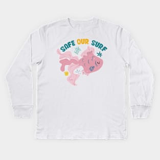 Safe our Surf quote with cute sea animal fish, starfish, coral and shell Kids Long Sleeve T-Shirt